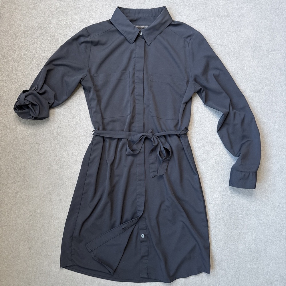 Banana Republic Shirt Dress Womens 4 Navy‎ Tie Waist Long Sleeve Office City